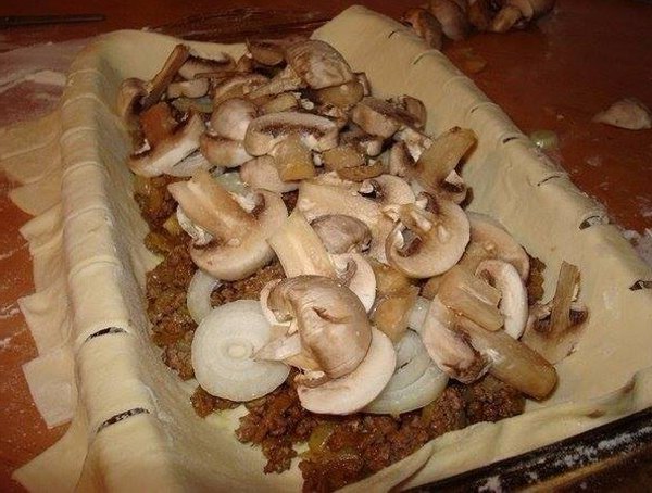 Быстрый мясной пирог с грибами3
