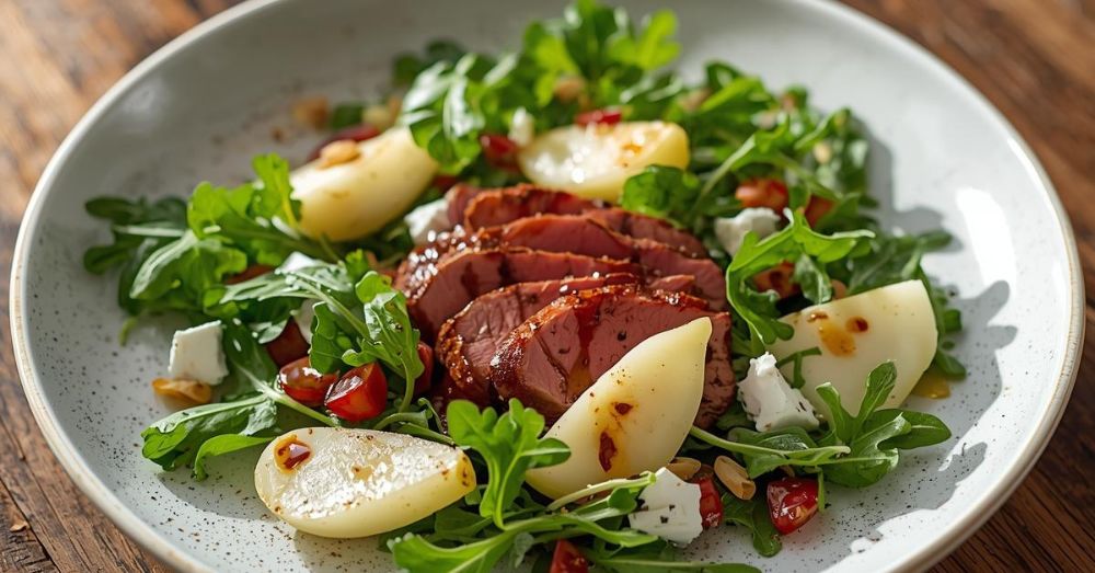 Теплый салат с уткой, грушей и козьим сыром