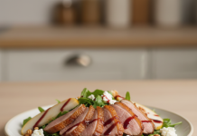 Теплый салат с уткой, грушей и козьим сыром